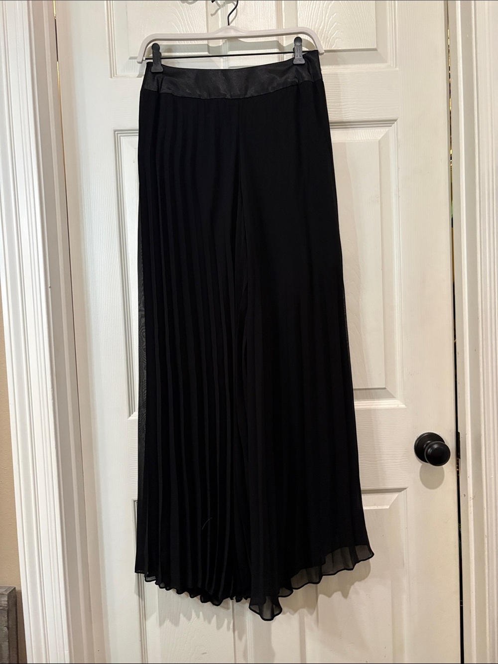 Elegant Black Pleated Sheer Overlay Wide-Leg Pants